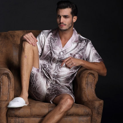 Spring Summer Men Satin Silk Pyjamas Sets